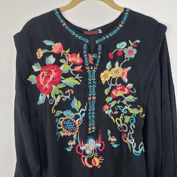 Johnny Was Embroidered Popover Top Black Rayon Multicolor Floral Womens Size 1X - Picture 3 of 12